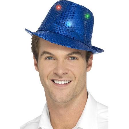SMIFFYS - Blauwe hoed met lovertjes en LEDs voor volwassenen - Hoeden > Overige
